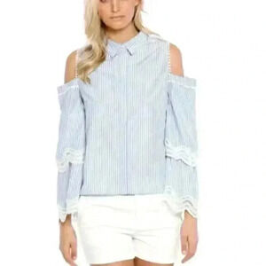 NWT Jonathan Simkhai Button Front Cold Shoulder Pinstripe Bell Sleeve Blouse